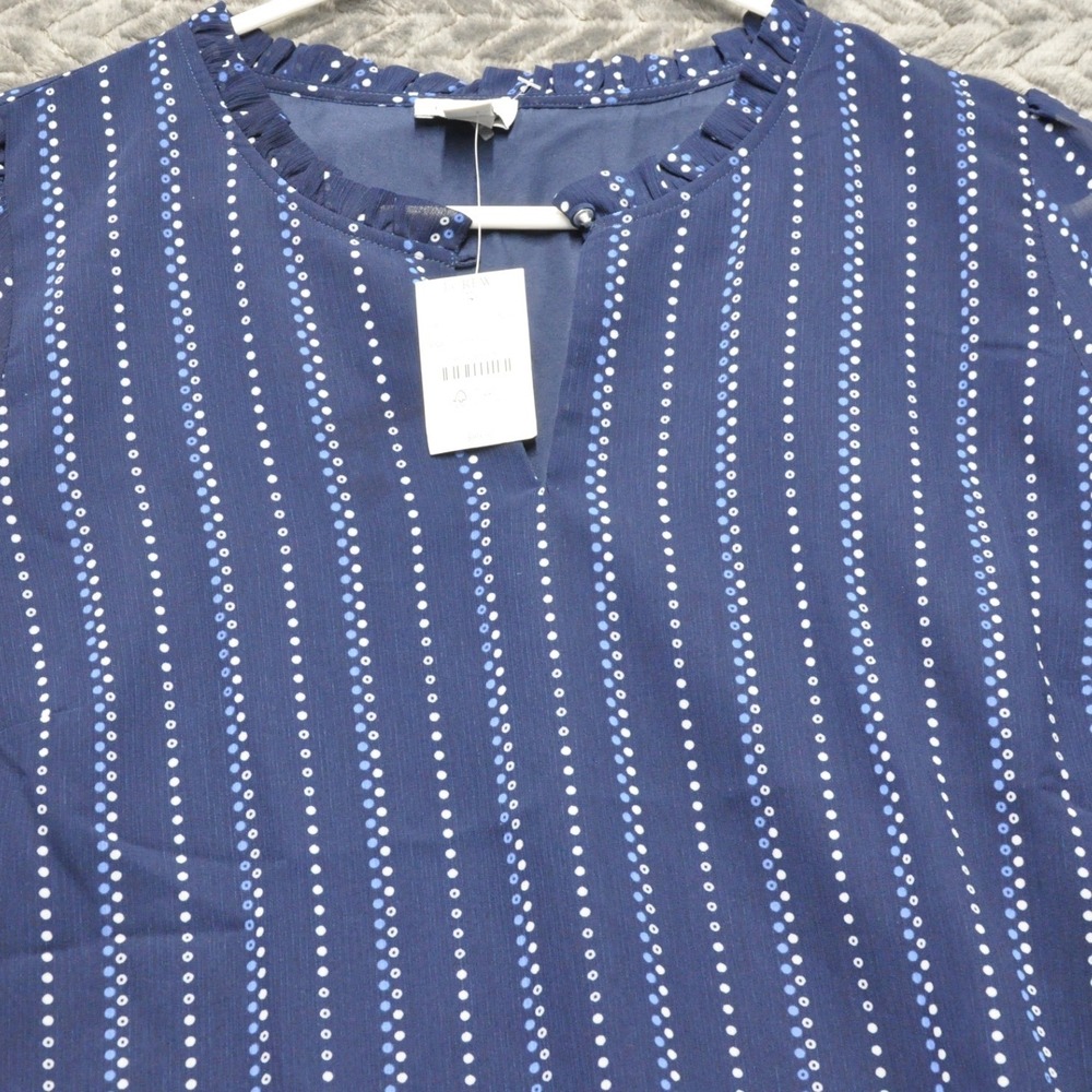 J.Crew Split Neck Blouse L Navy Blue New Dotted Stripe Ruffle Puff Sleeve (1829) - Picture 2 of 10